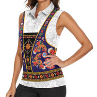 Norwegian Female Bunad Women Sleeveless Polo Shirt with Rosemaling Folk Art Navy Color - Wonder Print Shop