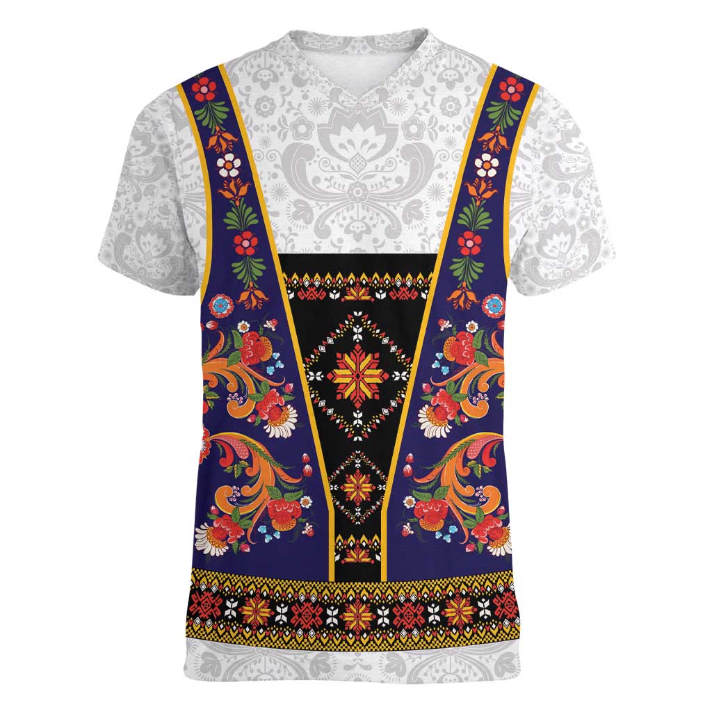 Norwegian Female Bunad Women V-Neck T-Shirt with Rosemaling Folk Art Navy Color - Wonder Print Shop