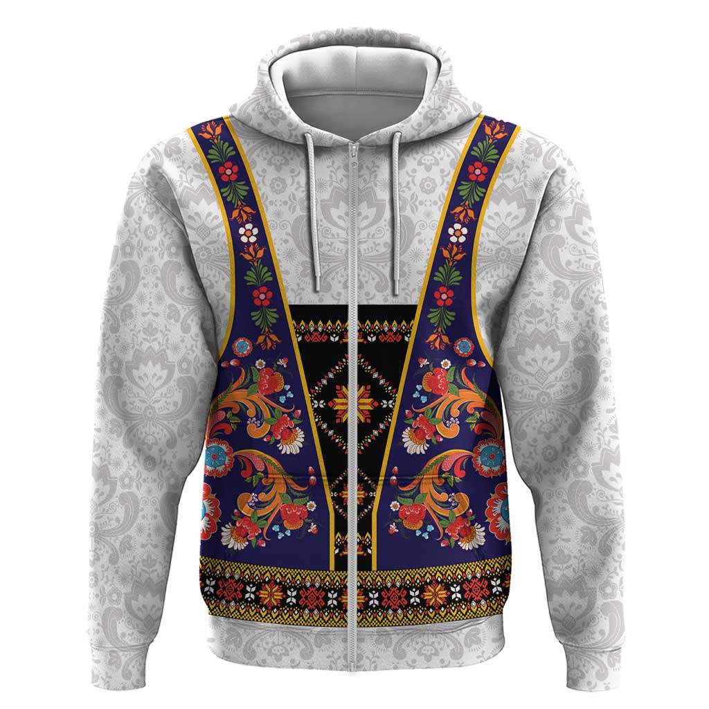 Norwegian Female Bunad Zip Hoodie with Rosemaling Folk Art Navy Color - Wonder Print Shop