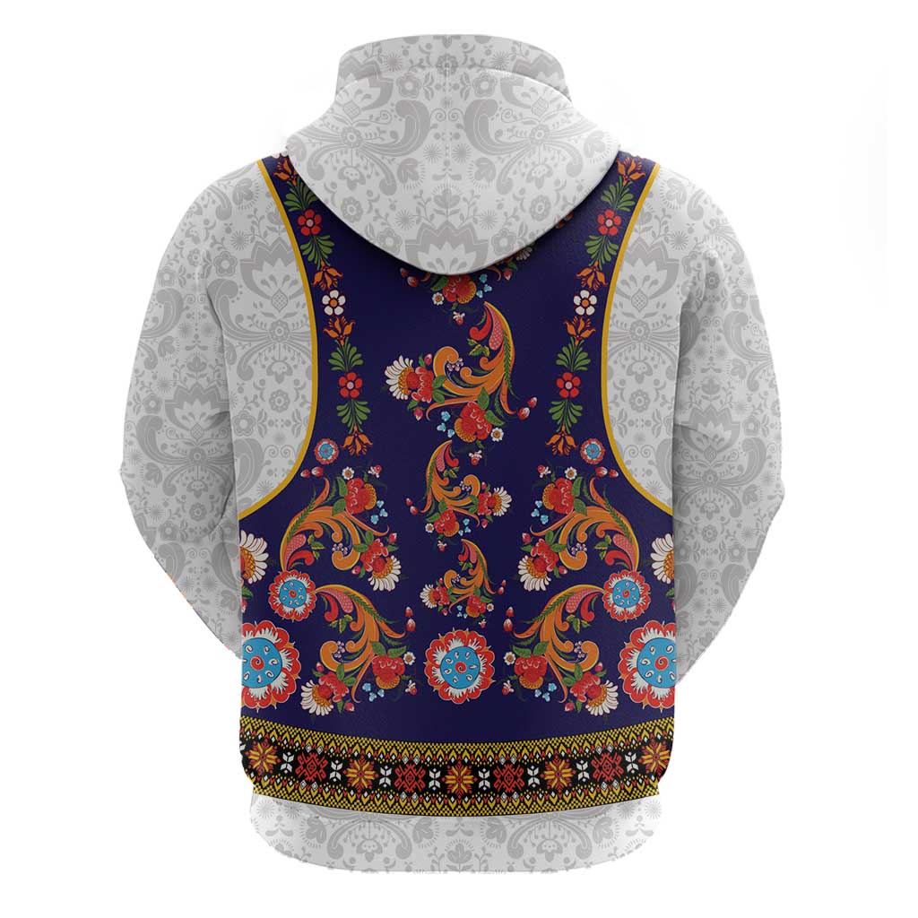 Norwegian Female Bunad Zip Hoodie with Rosemaling Folk Art Navy Color - Wonder Print Shop