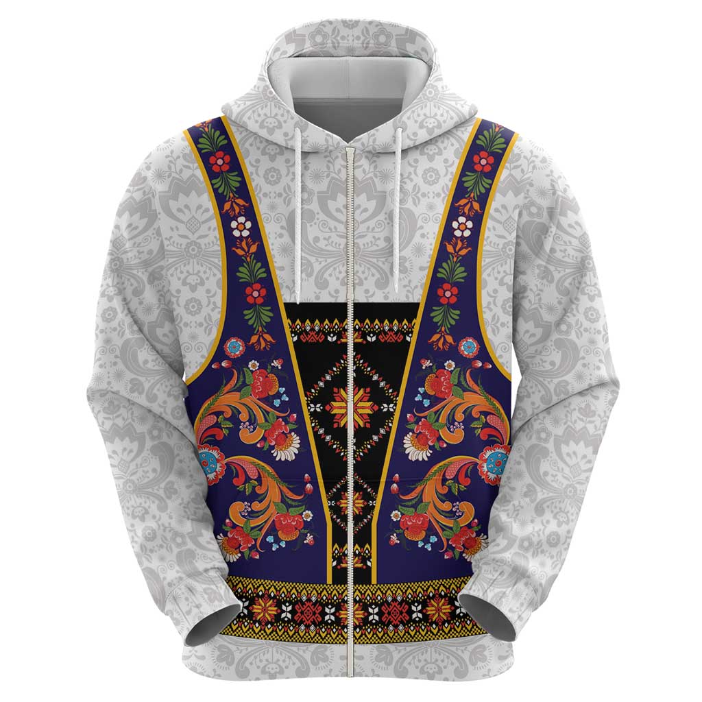 Norwegian Female Bunad Zip Hoodie with Rosemaling Folk Art Navy Color - Wonder Print Shop