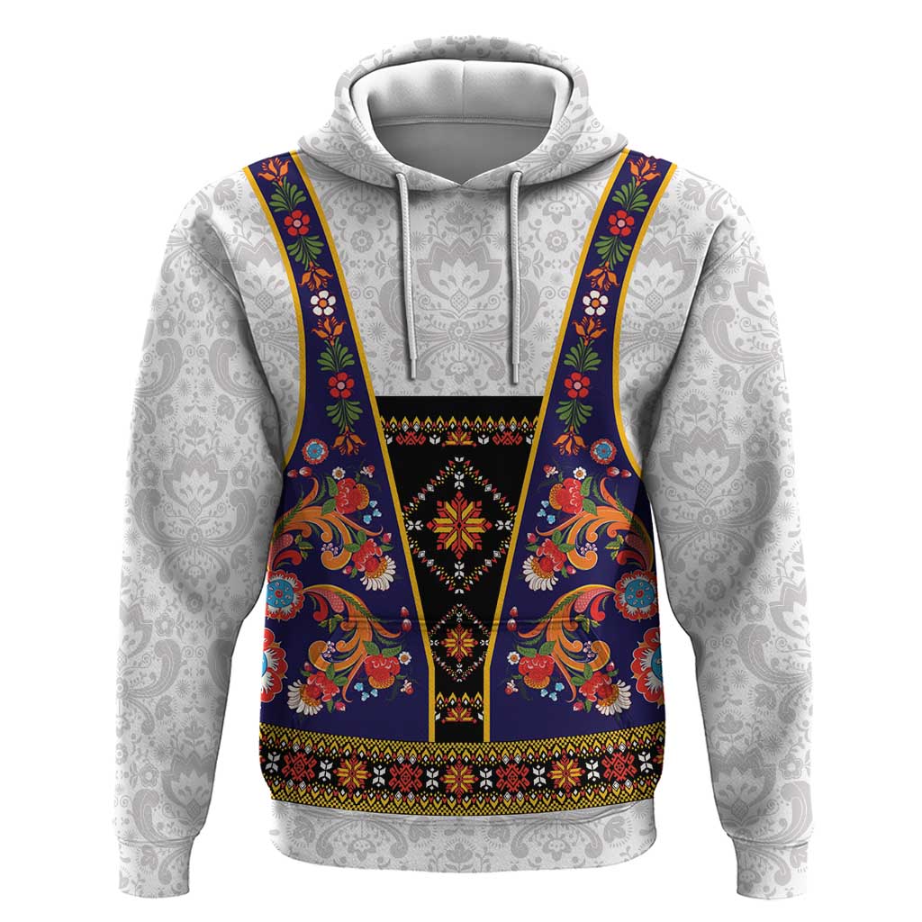 Norwegian Female Bunad Zip Hoodie with Rosemaling Folk Art Navy Color - Wonder Print Shop