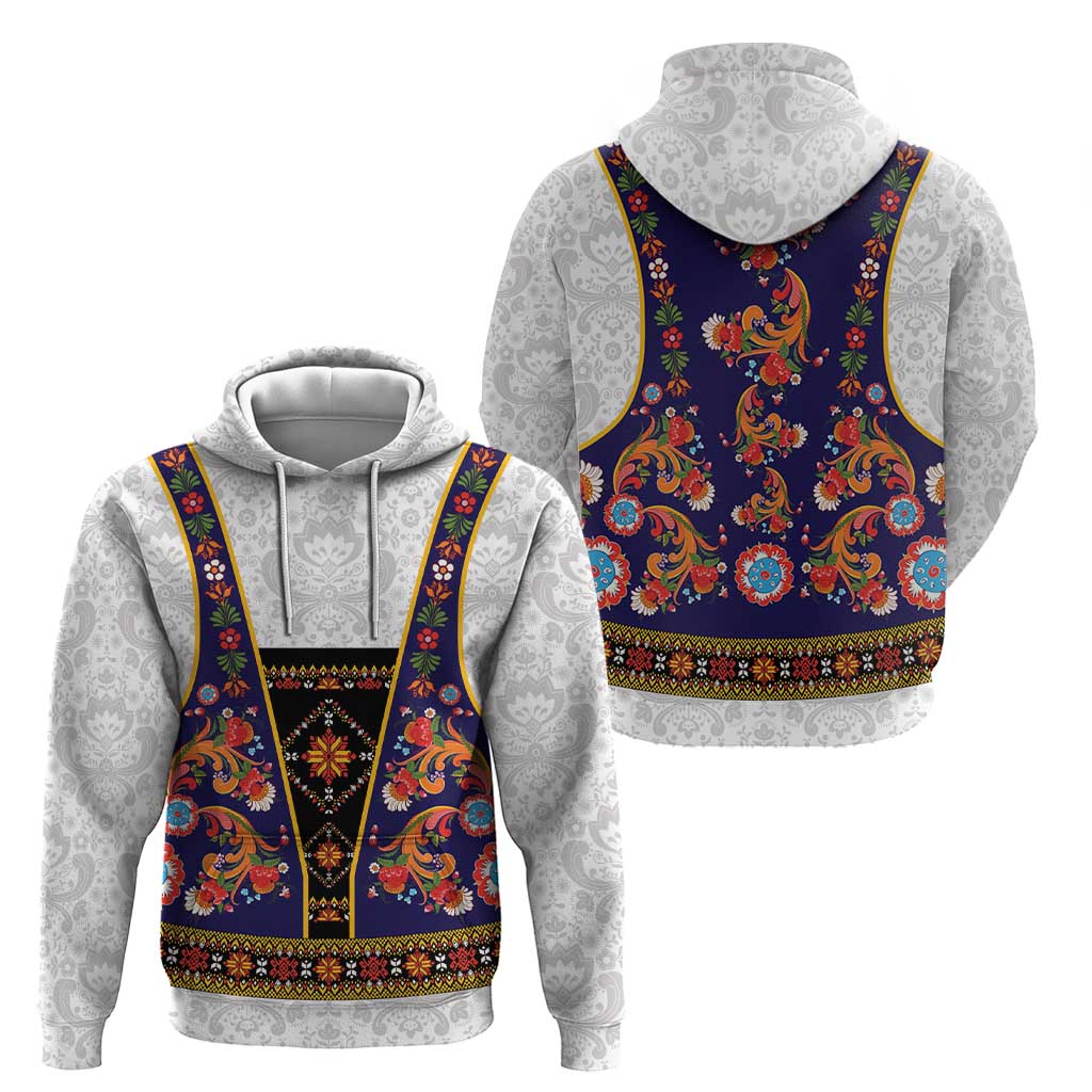 Norwegian Female Bunad Zip Hoodie with Rosemaling Folk Art Navy Color - Wonder Print Shop