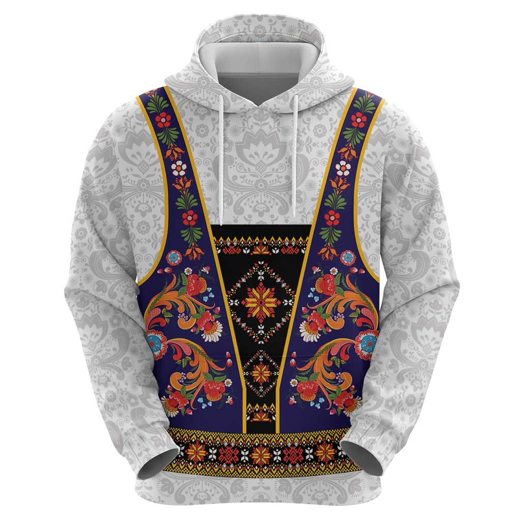 Norwegian Female Bunad Zip Hoodie with Rosemaling Folk Art Navy Color - Wonder Print Shop