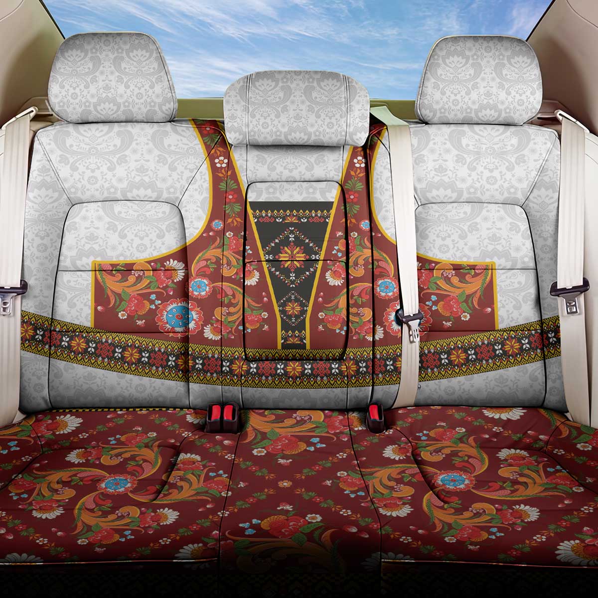 Norwegian Female Bunad Back Car Seat Cover with Rosemaling Folk Art Red Color - Wonder Print Shop