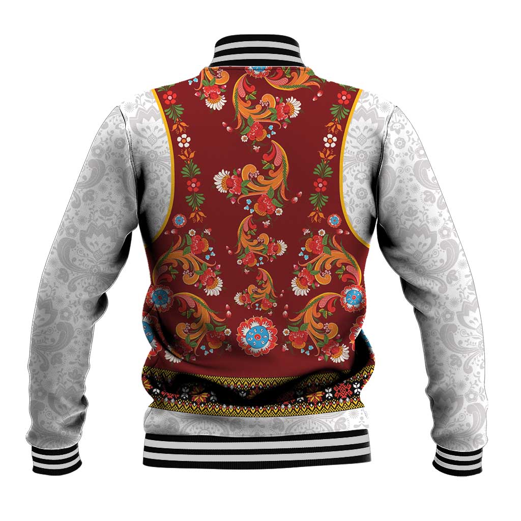 Norwegian Female Bunad Baseball Jacket with Rosemaling Folk Art Red Color - Wonder Print Shop
