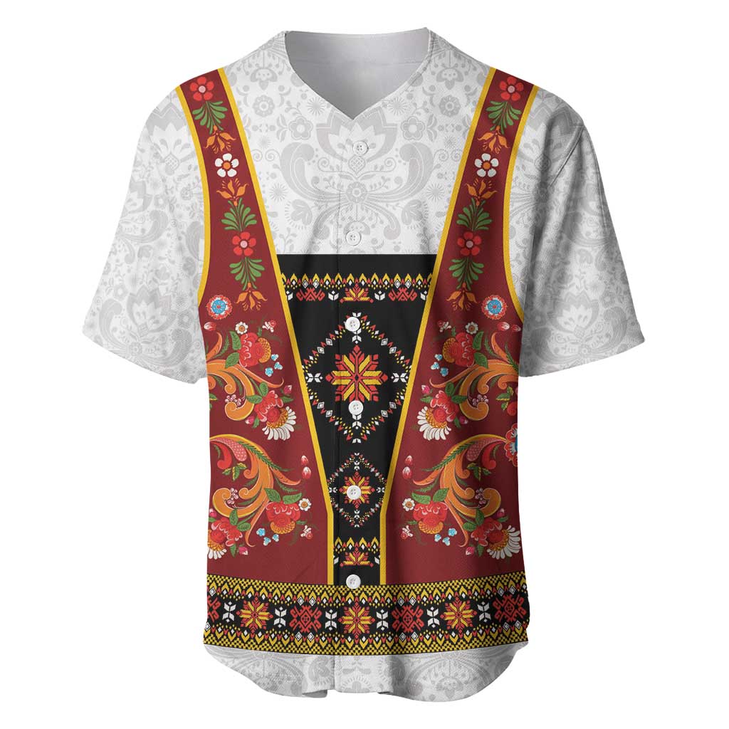 Norwegian Female Bunad Baseball Jersey with Rosemaling Folk Art Red Color - Wonder Print Shop