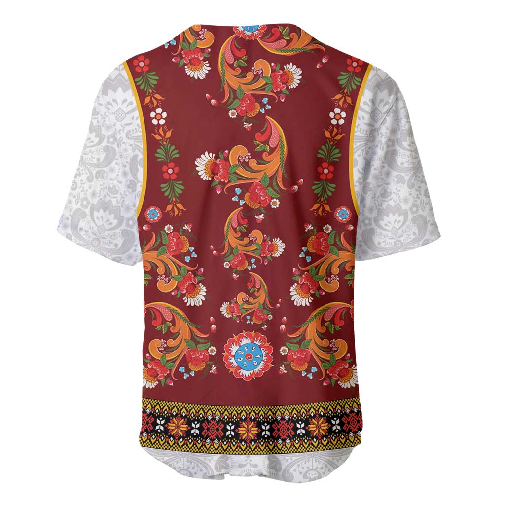 Norwegian Female Bunad Baseball Jersey with Rosemaling Folk Art Red Color - Wonder Print Shop