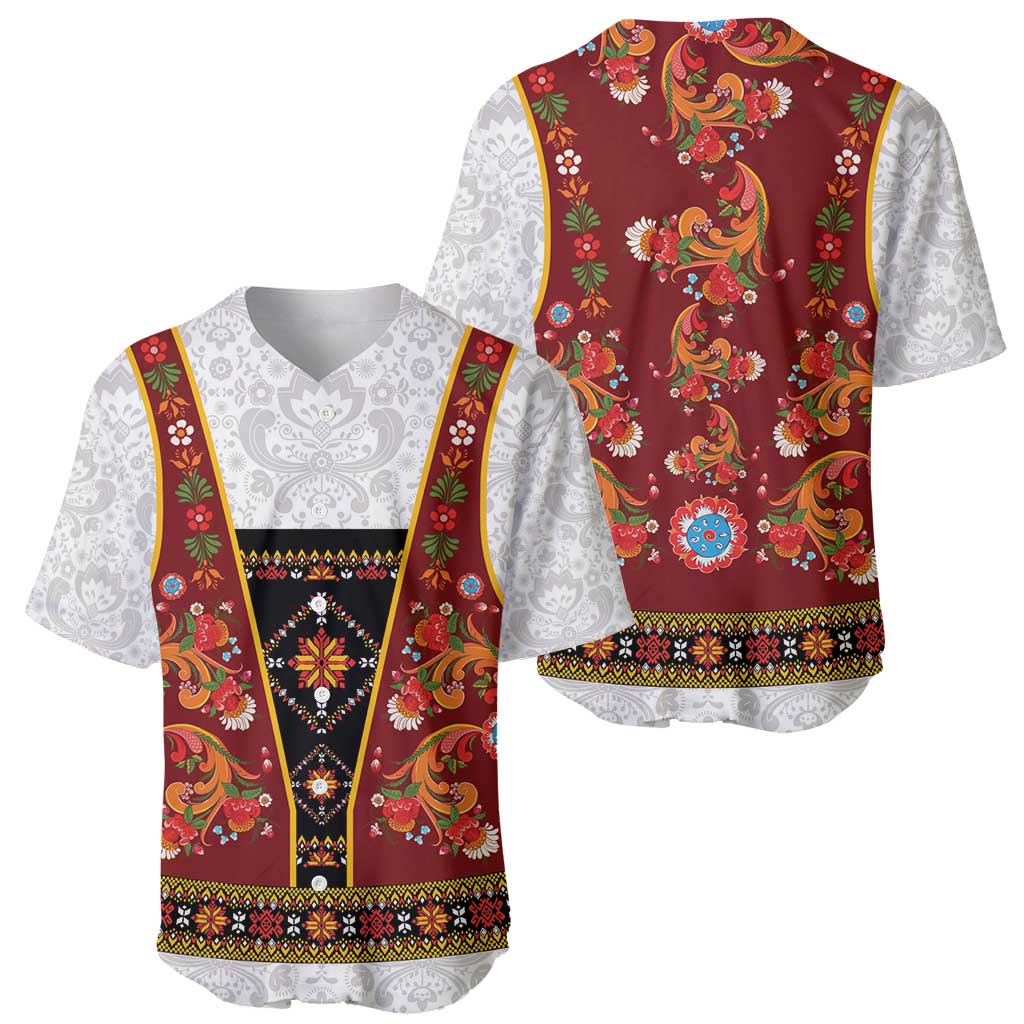 Norwegian Female Bunad Baseball Jersey with Rosemaling Folk Art Red Color - Wonder Print Shop