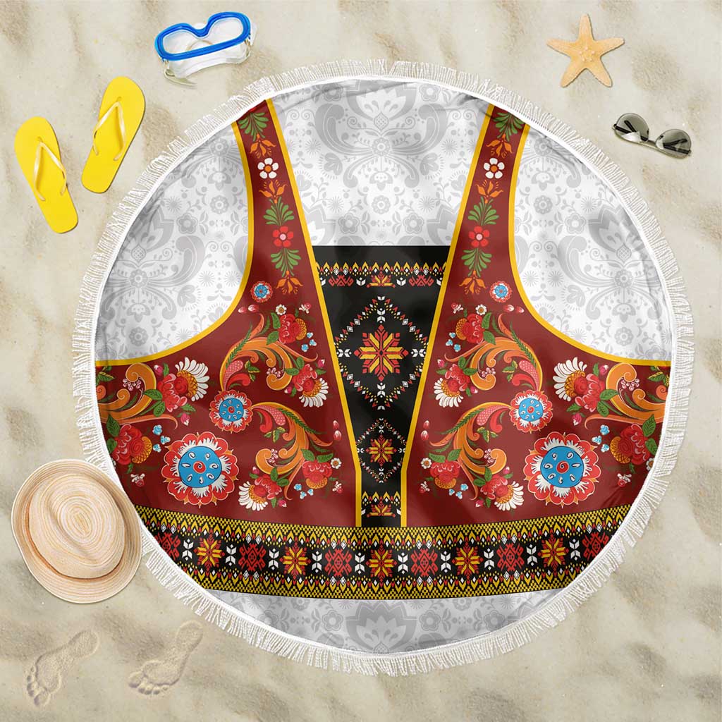 Norwegian Female Bunad Beach Blanket with Rosemaling Folk Art Red Color - Wonder Print Shop