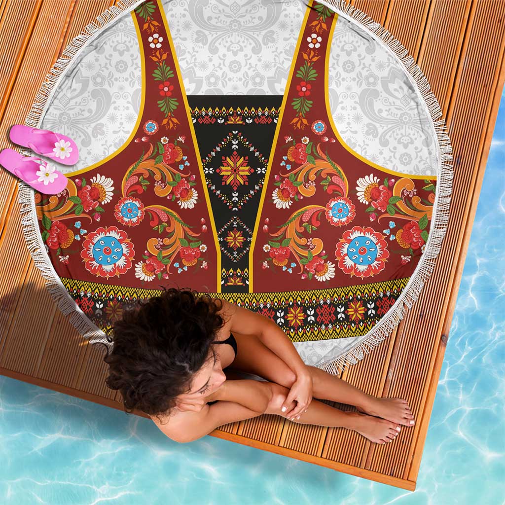 Norwegian Female Bunad Beach Blanket with Rosemaling Folk Art Red Color - Wonder Print Shop