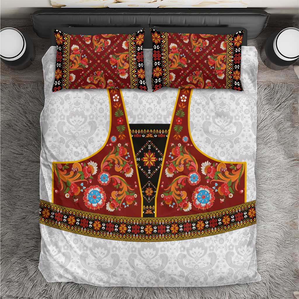 Norwegian Female Bunad Bedding Set with Rosemaling Folk Art Red Color - Wonder Print Shop