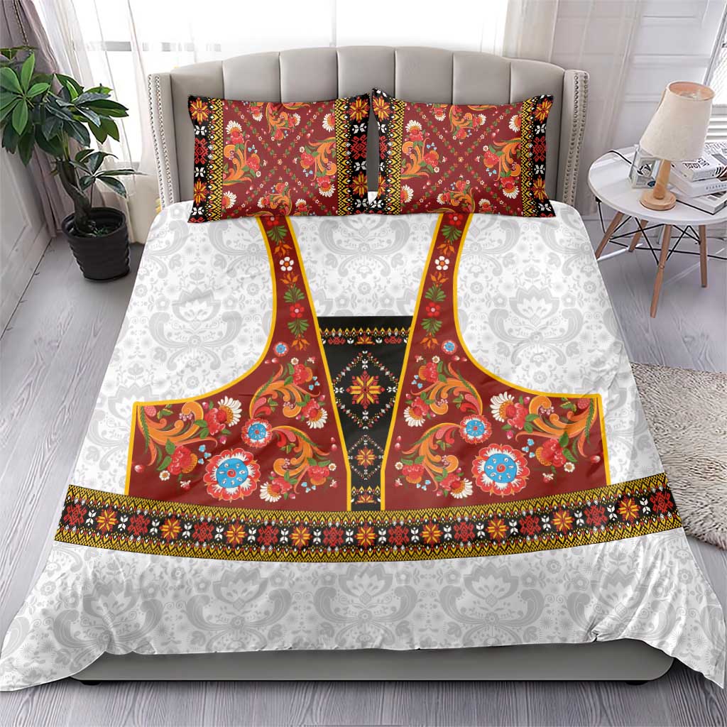 Norwegian Female Bunad Bedding Set with Rosemaling Folk Art Red Color - Wonder Print Shop