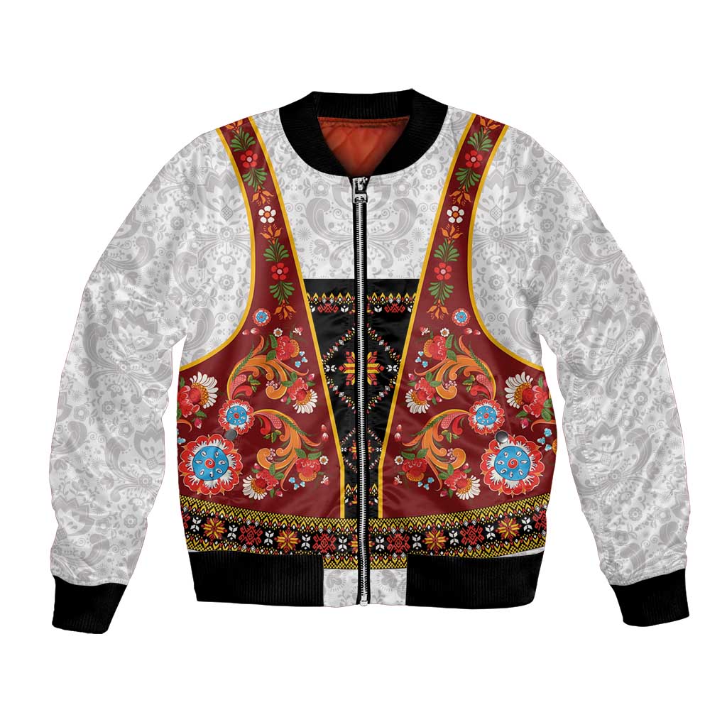 Norwegian Female Bunad Bomber Jacket with Rosemaling Folk Art Red Color - Wonder Print Shop