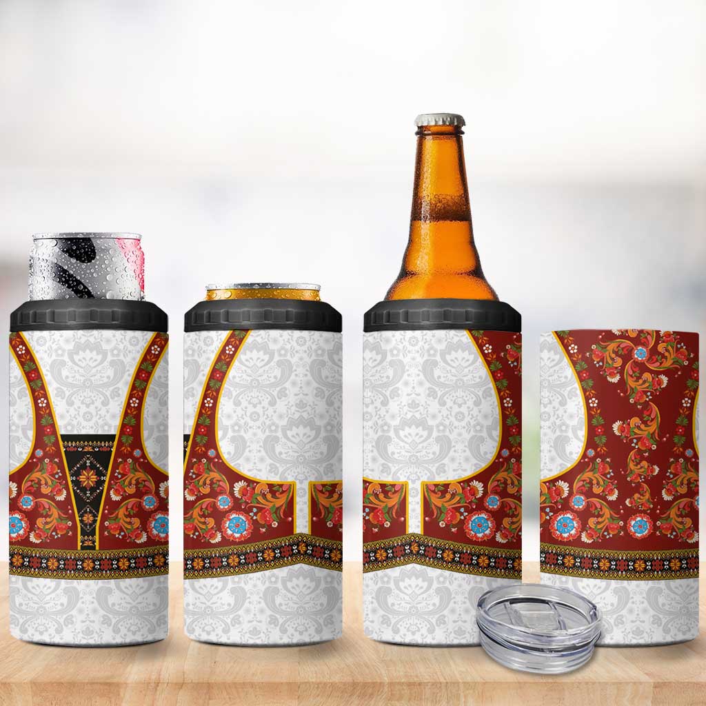 Norwegian Female Bunad 4 in 1 Can Cooler Tumbler with Rosemaling Folk Art Red Color - Wonder Print Shop