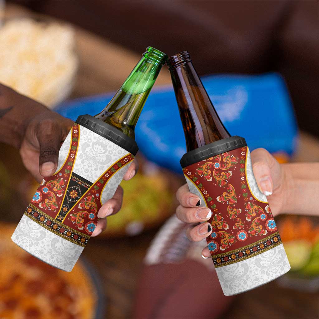 Norwegian Female Bunad 4 in 1 Can Cooler Tumbler with Rosemaling Folk Art Red Color - Wonder Print Shop