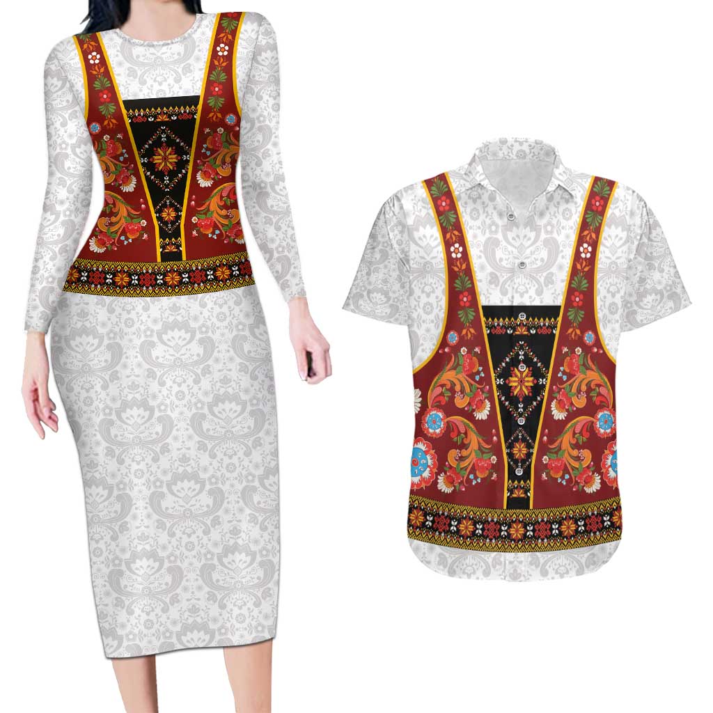Norwegian Female Bunad Couples Matching Long Sleeve Bodycon Dress and Hawaiian Shirt with Rosemaling Folk Art Red Color - Wonder Print Shop