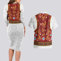 Norwegian Female Bunad Couples Matching Long Sleeve Bodycon Dress and Hawaiian Shirt with Rosemaling Folk Art Red Color - Wonder Print Shop