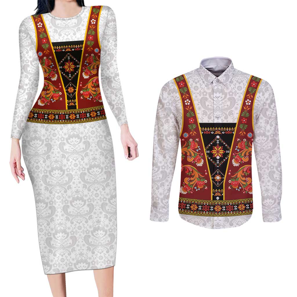 Norwegian Female Bunad Couples Matching Long Sleeve Bodycon Dress and Long Sleeve Button Shirt with Rosemaling Folk Art Red Color - Wonder Print Shop