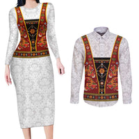 Norwegian Female Bunad Couples Matching Long Sleeve Bodycon Dress and Long Sleeve Button Shirt with Rosemaling Folk Art Red Color - Wonder Print Shop