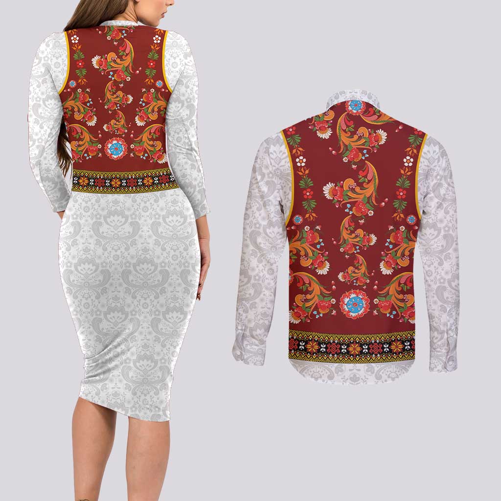 Norwegian Female Bunad Couples Matching Long Sleeve Bodycon Dress and Long Sleeve Button Shirt with Rosemaling Folk Art Red Color - Wonder Print Shop
