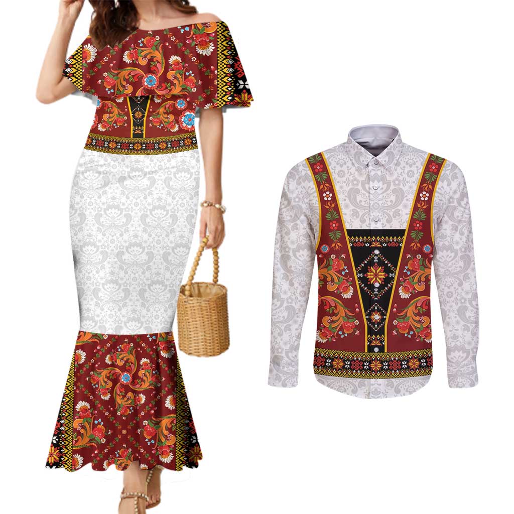 Norwegian Female Bunad Couples Matching Mermaid Dress and Long Sleeve Button Shirt with Rosemaling Folk Art Red Color - Wonder Print Shop
