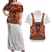 Norwegian Female Bunad Couples Matching Off Shoulder Maxi Dress and Hawaiian Shirt with Rosemaling Folk Art Red Color - Wonder Print Shop