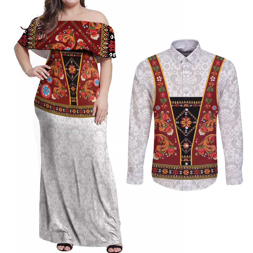 Norwegian Female Bunad Couples Matching Off Shoulder Maxi Dress and Long Sleeve Button Shirt with Rosemaling Folk Art Red Color - Wonder Print Shop