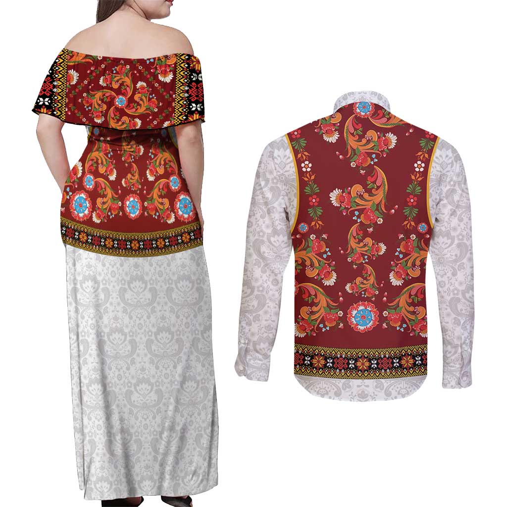 Norwegian Female Bunad Couples Matching Off Shoulder Maxi Dress and Long Sleeve Button Shirt with Rosemaling Folk Art Red Color - Wonder Print Shop