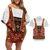 Norwegian Female Bunad Couples Matching Off Shoulder Short Dress and Hawaiian Shirt with Rosemaling Folk Art Red Color - Wonder Print Shop