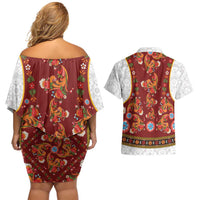 Norwegian Female Bunad Couples Matching Off Shoulder Short Dress and Hawaiian Shirt with Rosemaling Folk Art Red Color - Wonder Print Shop