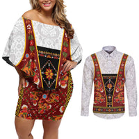 Norwegian Female Bunad Couples Matching Off Shoulder Short Dress and Long Sleeve Button Shirt with Rosemaling Folk Art Red Color - Wonder Print Shop