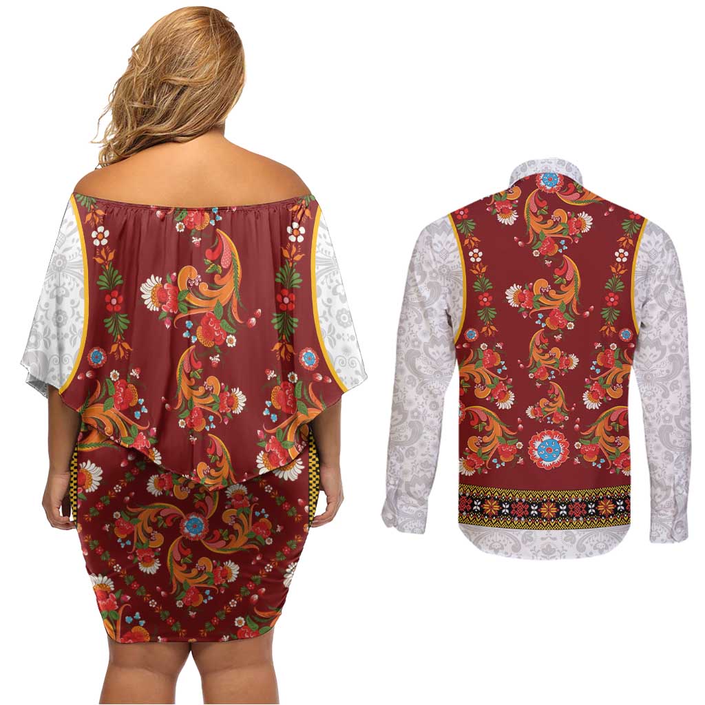 Norwegian Female Bunad Couples Matching Off Shoulder Short Dress and Long Sleeve Button Shirt with Rosemaling Folk Art Red Color - Wonder Print Shop