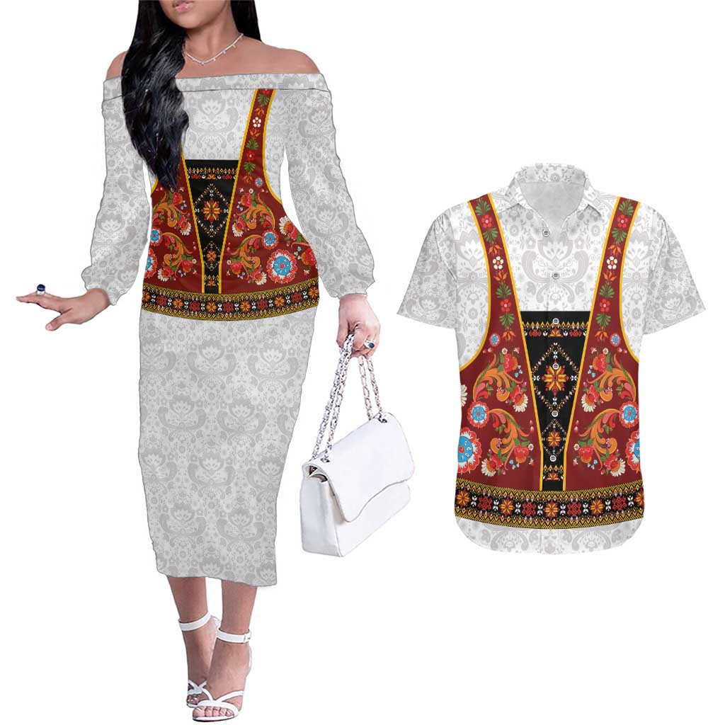 Norwegian Female Bunad Couples Matching Off The Shoulder Long Sleeve Dress and Hawaiian Shirt with Rosemaling Folk Art Red Color - Wonder Print Shop