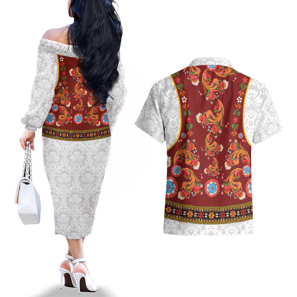 Norwegian Female Bunad Couples Matching Off The Shoulder Long Sleeve Dress and Hawaiian Shirt with Rosemaling Folk Art Red Color - Wonder Print Shop