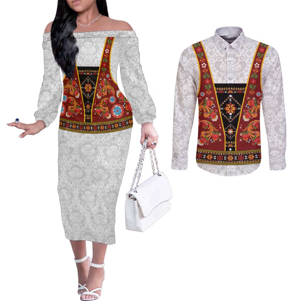 Norwegian Female Bunad Couples Matching Off The Shoulder Long Sleeve Dress and Long Sleeve Button Shirt with Rosemaling Folk Art Red Color - Wonder Print Shop