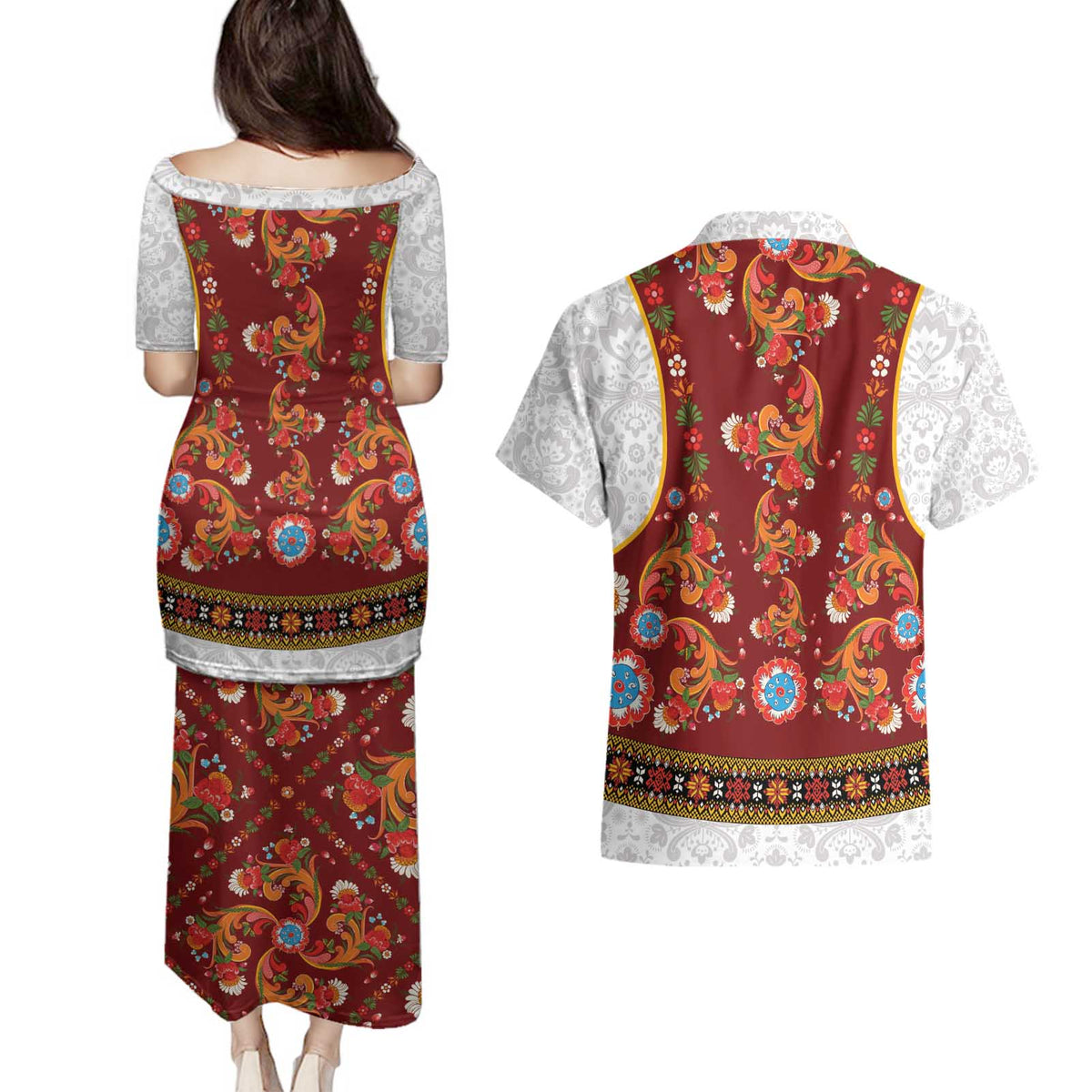 Norwegian Female Bunad Couples Matching Puletasi and Hawaiian Shirt with Rosemaling Folk Art Red Color - Wonder Print Shop