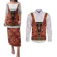 Norwegian Female Bunad Couples Matching Puletasi and Long Sleeve Button Shirt with Rosemaling Folk Art Red Color - Wonder Print Shop