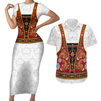 Norwegian Female Bunad Couples Matching Short Sleeve Bodycon Dress and Hawaiian Shirt with Rosemaling Folk Art Red Color - Wonder Print Shop