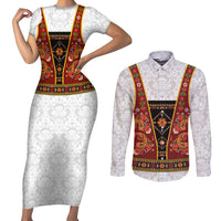 Norwegian Female Bunad Couples Matching Short Sleeve Bodycon Dress and Long Sleeve Button Shirt with Rosemaling Folk Art Red Color - Wonder Print Shop