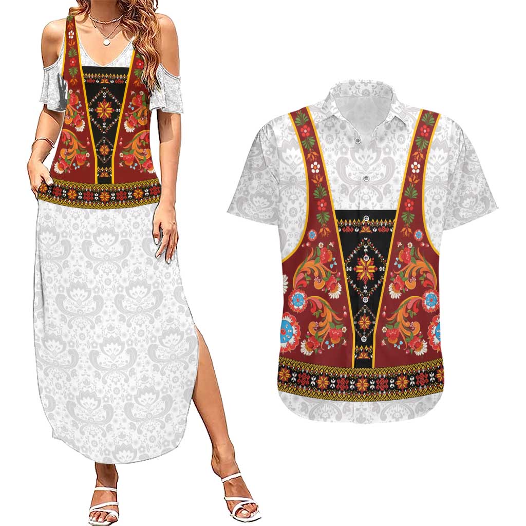 Norwegian Female Bunad Couples Matching Summer Maxi Dress and Hawaiian Shirt with Rosemaling Folk Art Red Color - Wonder Print Shop