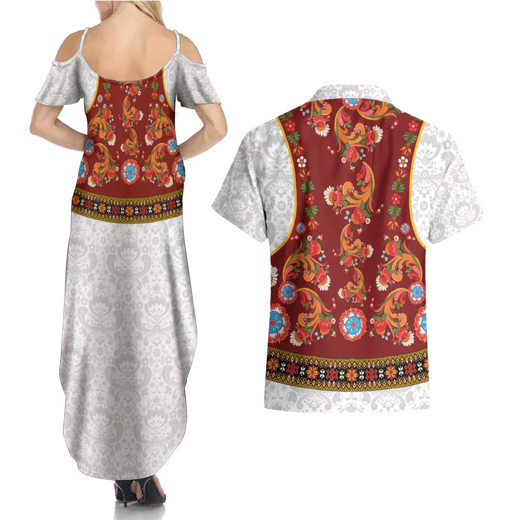 Norwegian Female Bunad Couples Matching Summer Maxi Dress and Hawaiian Shirt with Rosemaling Folk Art Red Color - Wonder Print Shop
