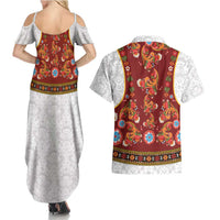 Norwegian Female Bunad Couples Matching Summer Maxi Dress and Hawaiian Shirt with Rosemaling Folk Art Red Color - Wonder Print Shop