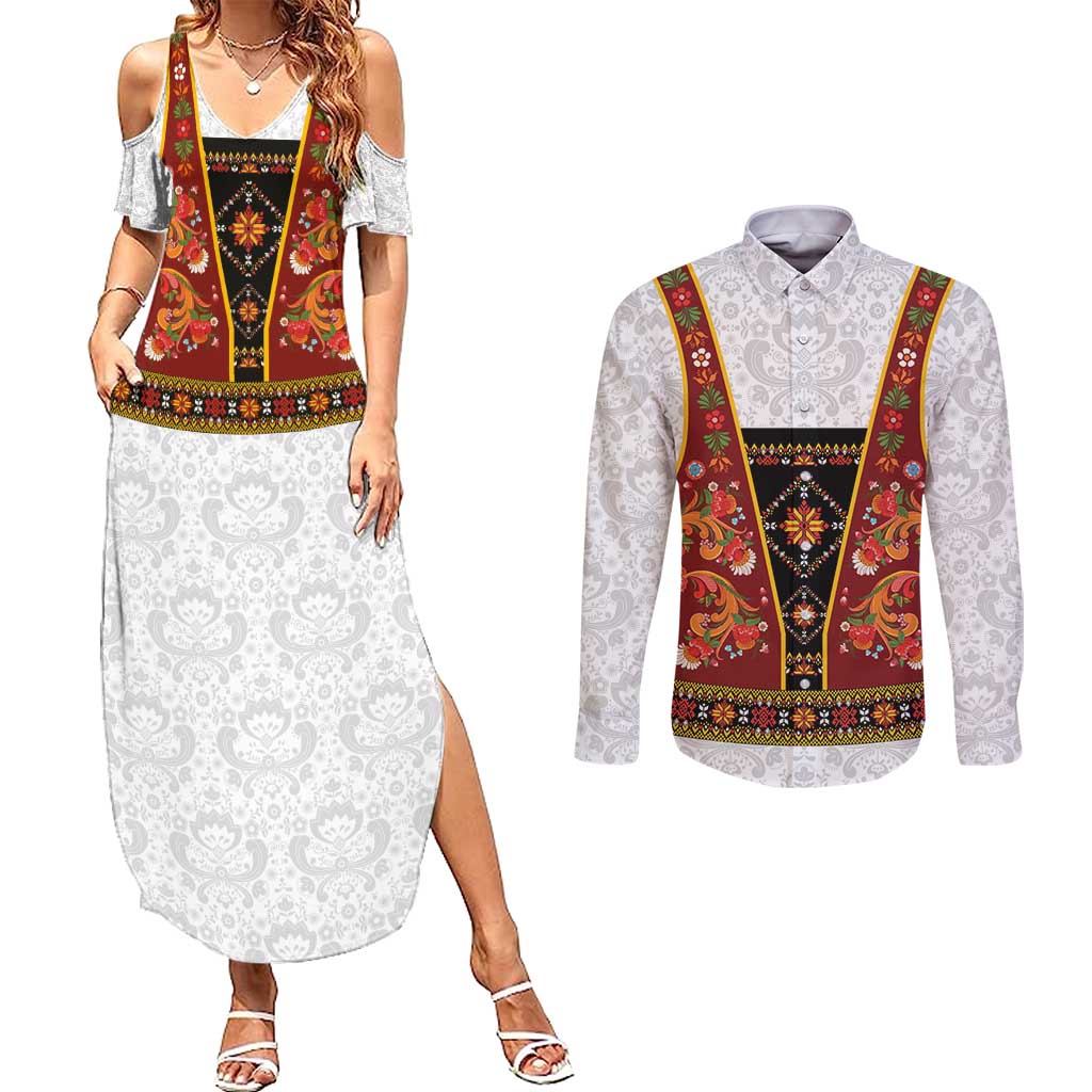 Norwegian Female Bunad Couples Matching Summer Maxi Dress and Long Sleeve Button Shirt with Rosemaling Folk Art Red Color - Wonder Print Shop