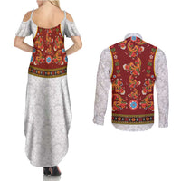 Norwegian Female Bunad Couples Matching Summer Maxi Dress and Long Sleeve Button Shirt with Rosemaling Folk Art Red Color - Wonder Print Shop