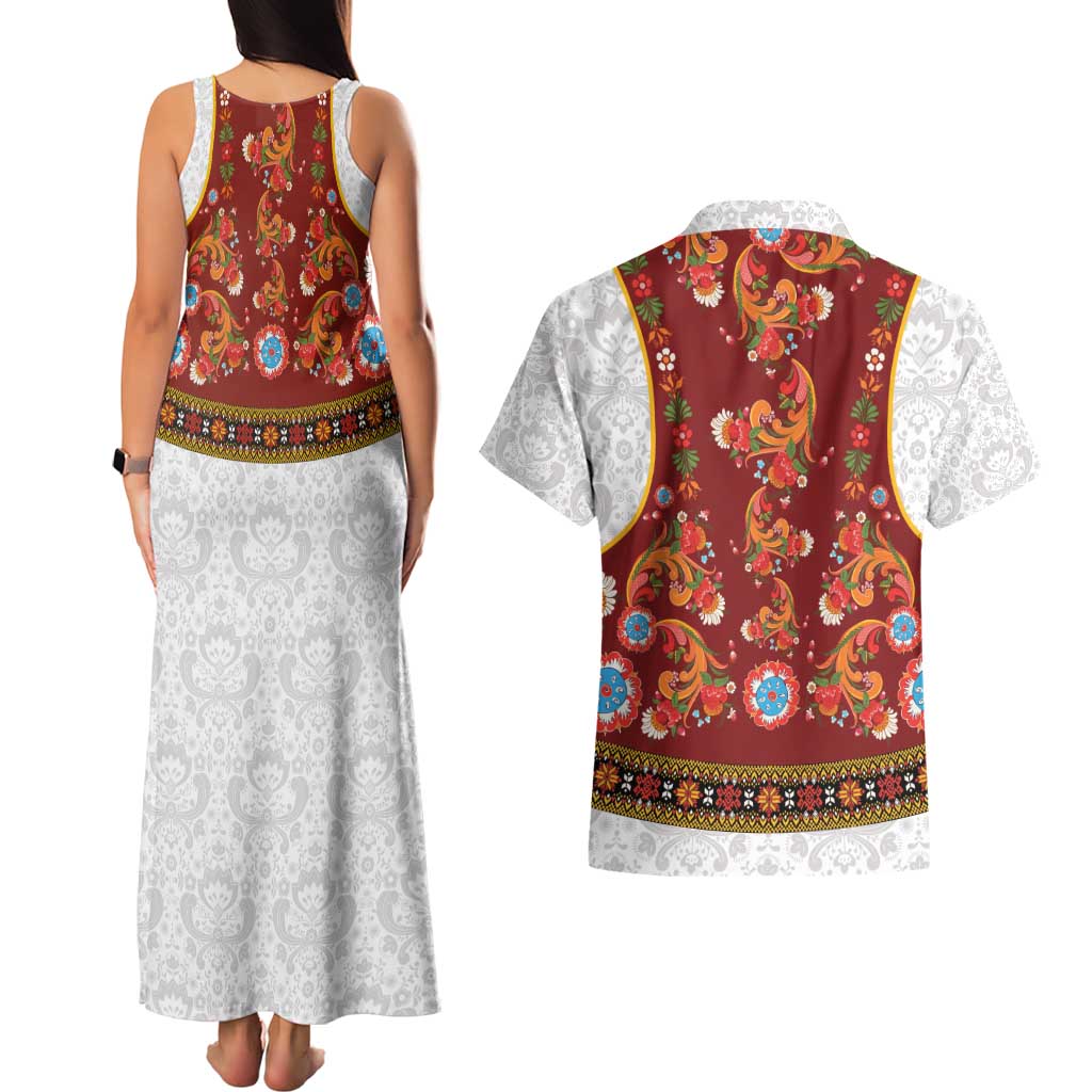 Norwegian Female Bunad Couples Matching Tank Maxi Dress and Hawaiian Shirt with Rosemaling Folk Art Red Color - Wonder Print Shop