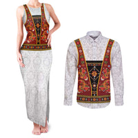 Norwegian Female Bunad Couples Matching Tank Maxi Dress and Long Sleeve Button Shirt with Rosemaling Folk Art Red Color - Wonder Print Shop