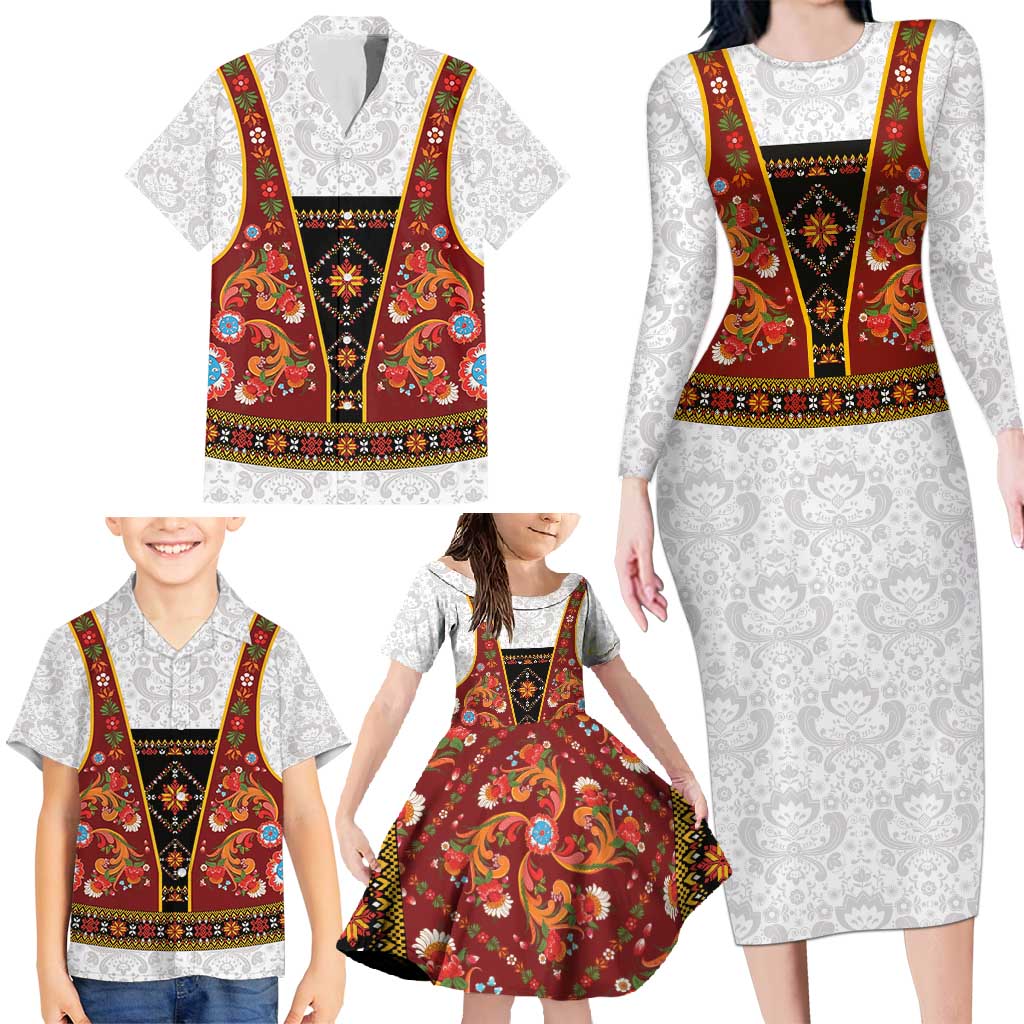 Norwegian Female Bunad Family Matching Long Sleeve Bodycon Dress and Hawaiian Shirt with Rosemaling Folk Art Red Color - Wonder Print Shop