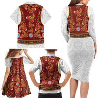 Norwegian Female Bunad Family Matching Long Sleeve Bodycon Dress and Hawaiian Shirt with Rosemaling Folk Art Red Color - Wonder Print Shop