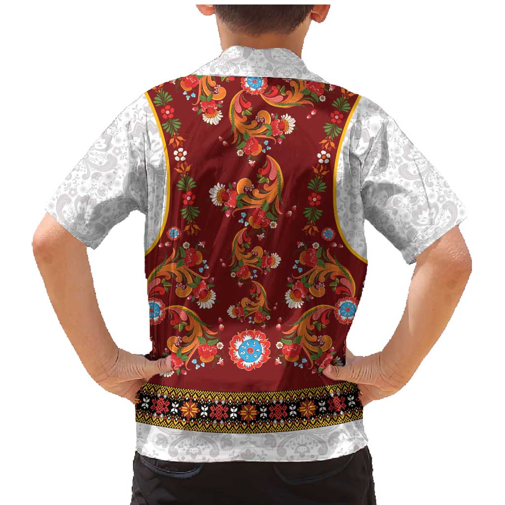 Norwegian Female Bunad Family Matching Mermaid Dress and Hawaiian Shirt with Rosemaling Folk Art Red Color - Wonder Print Shop